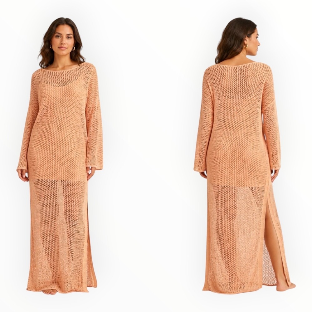 YFB Peach Crochet Knit Maxi Cover Up Dress L Resort Beach Boho